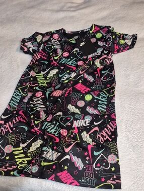 Nike Black Dress with Neon Pink, Neon Green & Teal All-Over Logos Sz. 6X